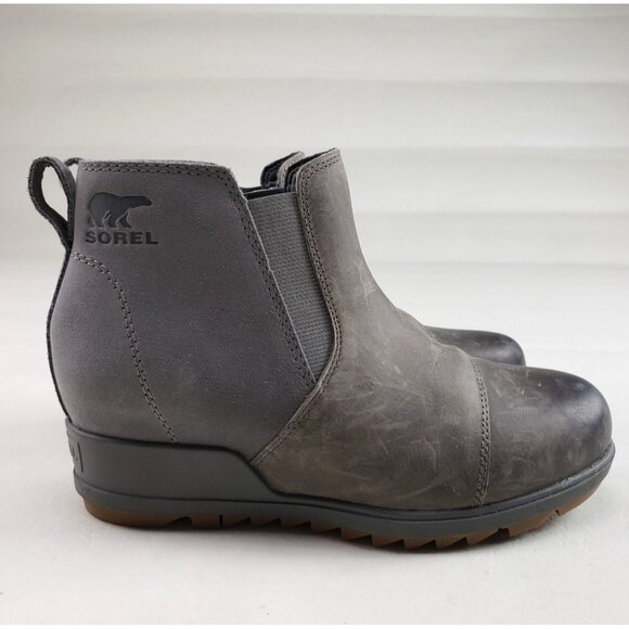 Sorel Evie Chelsea Ankle Boot Women 7 Gray Leather Pull On Wedge Heel Waterproof - Picture 1 of 12